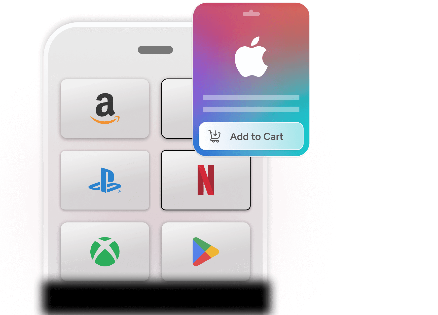 Smartphone displaying popular app logos like Amazon, PlayStation, Netflix, Xbox, and Google Play, with an Apple gift card and 'Add to Cart' button